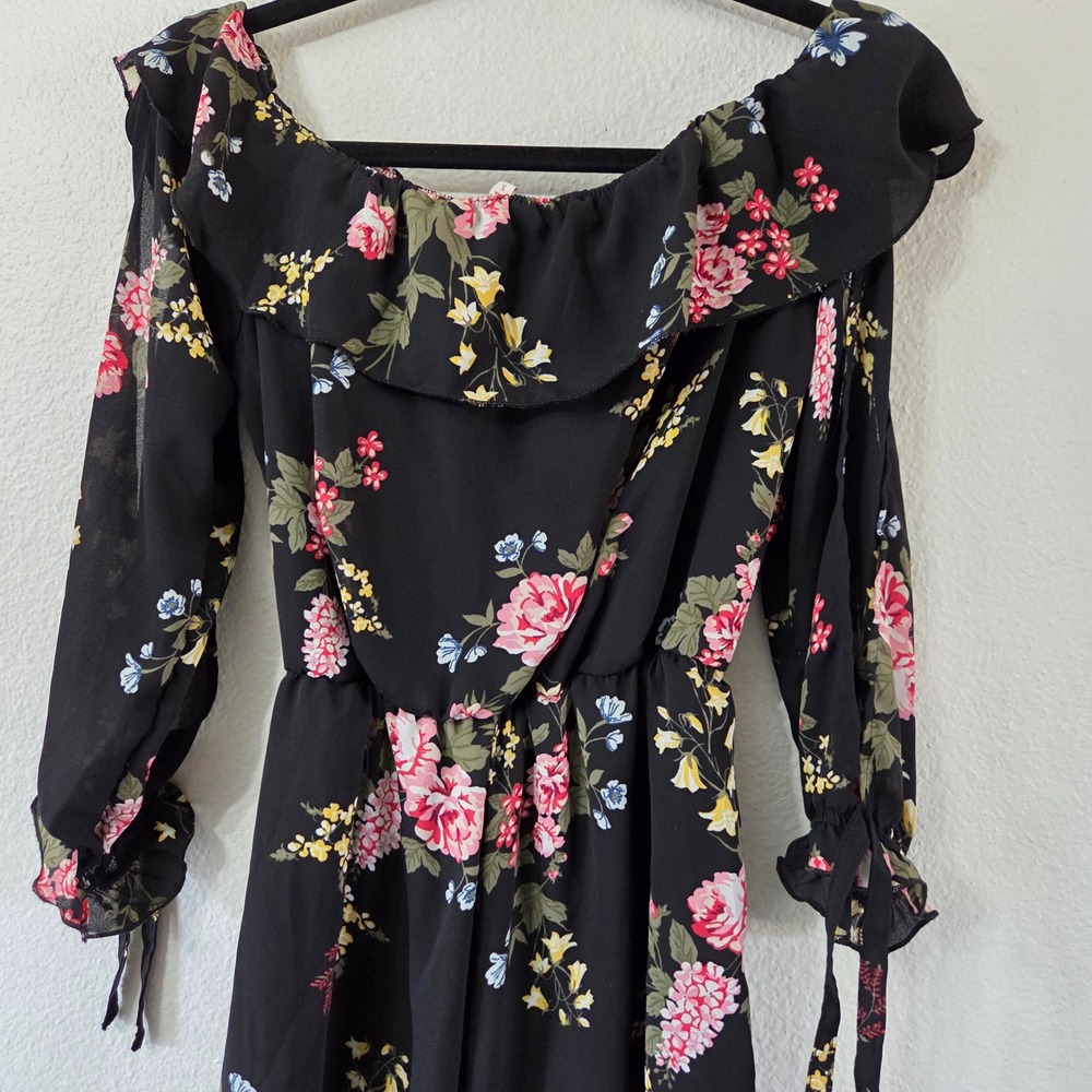 Y2K Bongo Floral Romper Small Off Shoulder Peasant Boho Bell Sleeve Mini Small - Picture 5 of 9